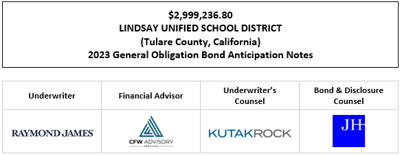 $2,999,236.80 LINDSAY UNIFIED SCHOOL DISTRICT (Tulare County, California) 2023 General Obligation Bond Anticipation Notes FOS POSTED 11-14-23