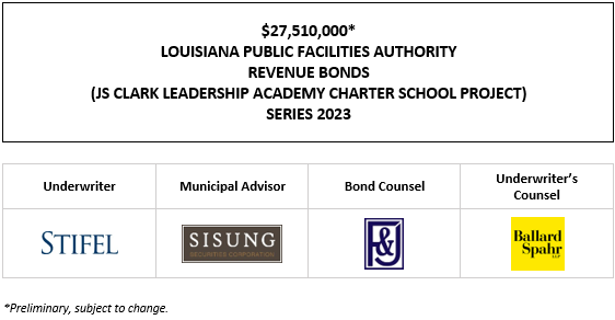 $27,510,000* LOUISIANA PUBLIC FACILITIES AUTHORITY REVENUE BONDS (JS CLARK LEADERSHIP ACADEMY CHARTER SCHOOL PROJECT) SERIES 2023 PLOM + INVESTOR PRESENTATION DATED 11-7-23