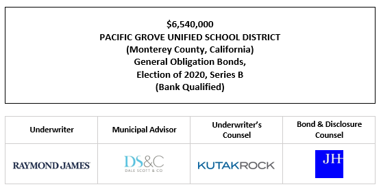 $6,540,000 PACIFIC GROVE UNIFIED SCHOOL DISTRICT (Monterey County, California) General Obligation Bonds, Election of 2020, Series B (Bank Qualified) FOS POSTED 11-16-23