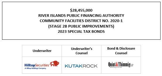 $28,455,000 RIVER ISLANDS PUBLIC FINANCING AUTHORITY COMMUNITY FACILITIES DISTRICT NO. 2020-1 (STAGE 2B PUBLIC IMPROVEMENTS) 2023 SPECIAL TAX BONDS FOS POSTED 11-17-23