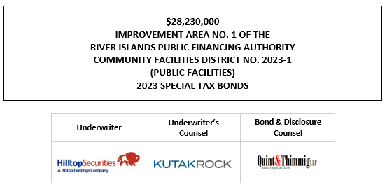 $28,230,000 IMPROVEMENT AREA NO. 1 OF THE RIVER ISLANDS PUBLIC FINANCING AUTHORITY COMMUNITY FACILITIES DISTRICT NO. 2023-1 (PUBLIC FACILITIES) 2023 SPECIAL TAX BONDS FOS POSTED 11-17-23