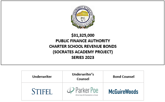 $31,325,000 PUBLIC FINANCE AUTHORITY CHARTER SCHOOL REVENUE BONDS (SOCRATES ACADEMY PROJECT) SERIES 2023 LOM POSTED 11-8-23