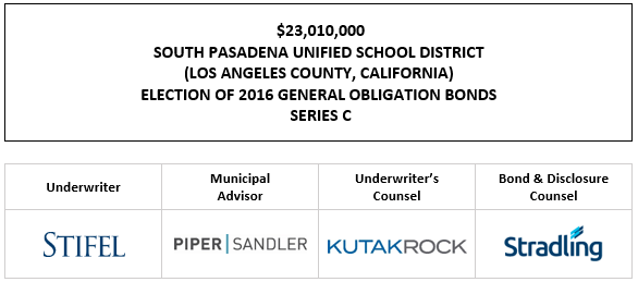 $23,010,000 SOUTH PASADENA UNIFIED SCHOOL DISTRICT (LOS ANGELES COUNTY, CALIFORNIA) ELECTION OF 2016 GENERAL OBLIGATION BONDS SERIES C FOS POSTED 11-22-23