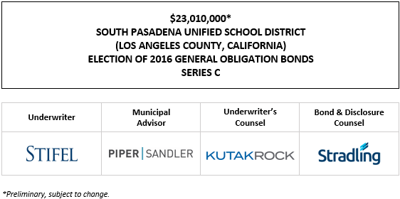 $23,010,000* SOUTH PASADENA UNIFIED SCHOOL DISTRICT (LOS ANGELES COUNTY, CALIFORNIA) ELECTION OF 2016 GENERAL OBLIGATION BONDS SERIES C POS POSTED 11-8-23