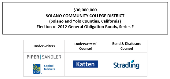 $30,000,000 SOLANO COMMUNITY COLLEGE DISTRICT (Solano and Yolo Counties, California) Election of 2012 General Obligation Bonds, Series F FOS POSTED 11-22-23