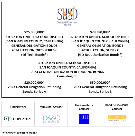 $25,000,000* STOCKTON UNIFIED SCHOOL DISTRICT (SAN JOAQUIN COUNTY, CALIFORNIA) GENERAL OBLIGATION BONDS 2014 ELECTION, 2023 SERIES C (Ed-Tech Bonds®) $28,380,000* STOCKTON UNIFIED SCHOOL DISTRICT (SAN JOAQUIN COUNTY, CALIFORNIA) GENERAL OBLIGATION BONDS 2018 ELECTION, SERIES C (GO Reauthorization Bonds®) STOCKTON UNIFIED SCHOOL DISTRICT (SAN JOAQUIN COUNTY, CALIFORNIA) 2023 GENERAL OBLIGATION REFUNDING BONDS POS + INVITATION TO TENDER FOR PURCHASE  POSTED 11-16-23