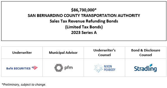 $86,730,000* SAN BERNARDINO COUNTY TRANSPORTATION AUTHORITY Sales Tax Revenue Refunding Bonds (Limited Tax Bonds) 2023 Series A POS + INVESTOR PRESENTATION POSTED 11-21-23
