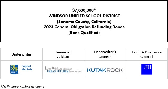$7,600,000* WINDSOR UNIFIED SCHOOL DISTRICT (Sonoma County, California) 2023 General Obligation Refunding Bonds (Bank Qualified) POS POSTED 11-30-23