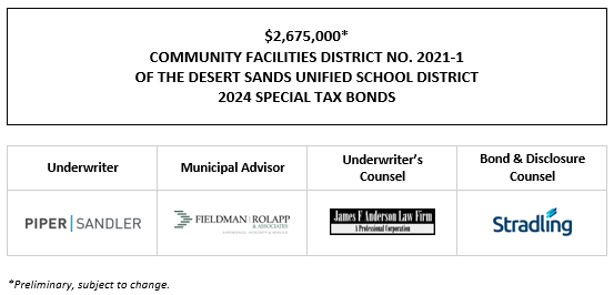 $2,675,000* COMMUNITY FACILITIES DISTRICT NO. 2021-1 OF THE DESERT SANDS UNIFIED SCHOOL DISTRICT 2024 SPECIAL TAX BONDS POS POSTED 12-15-23